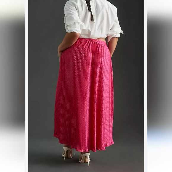 Anthropologie Maeve Pleated Shine Midi Skirt Fushia Hot Pink Barbiecore Girlypop - Picture 4 of 15